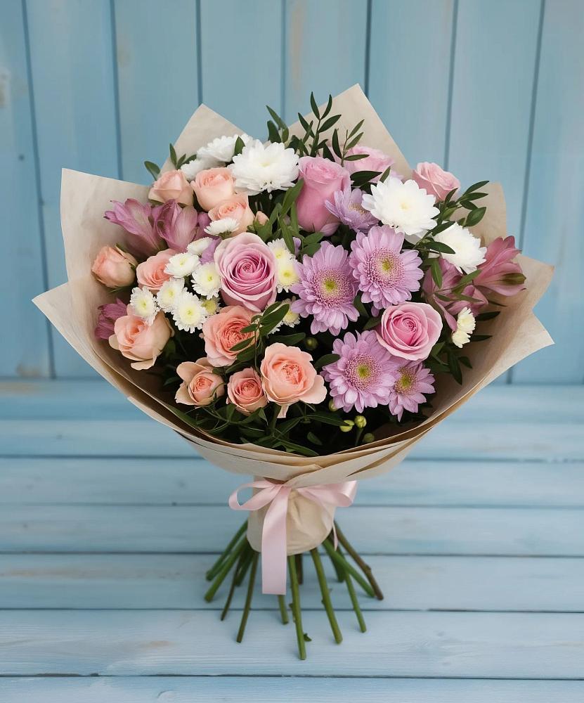 Букет цветов из: Хризантемы, Розы и Альстромерии в Вялки