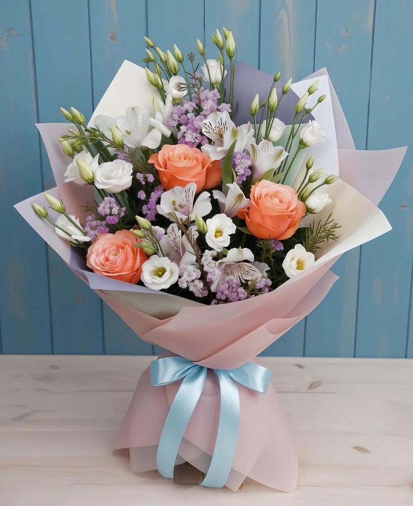 Букет цветов из: Лизиантусы, Розы, Альстромерии и Гипсофила в Вялки