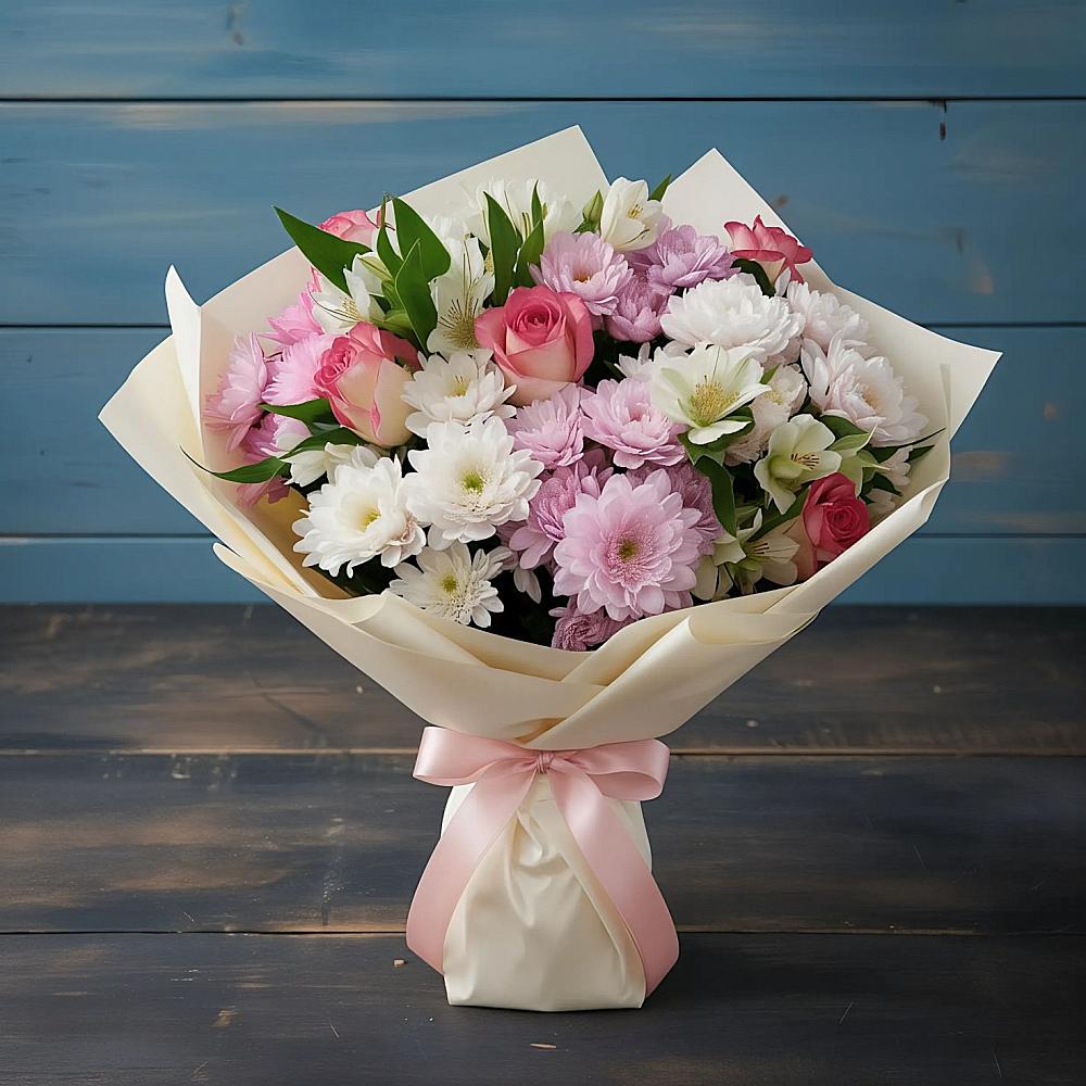 Букет цветов из: Хризантемы, Альстромерии и Розы в Вялки